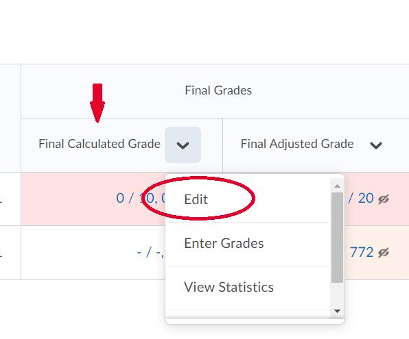 Click final calculated grade and then click Edit