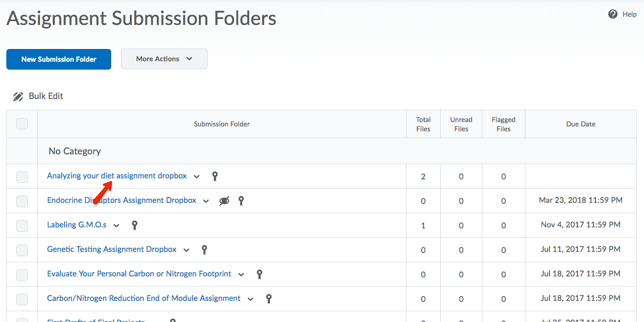Click the title of the assignment dropbox folder that you want to assess.