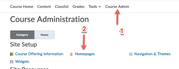 Click the Course Admin in navbar then click Homepages.