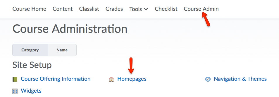Click Course Admin and then Homepages.