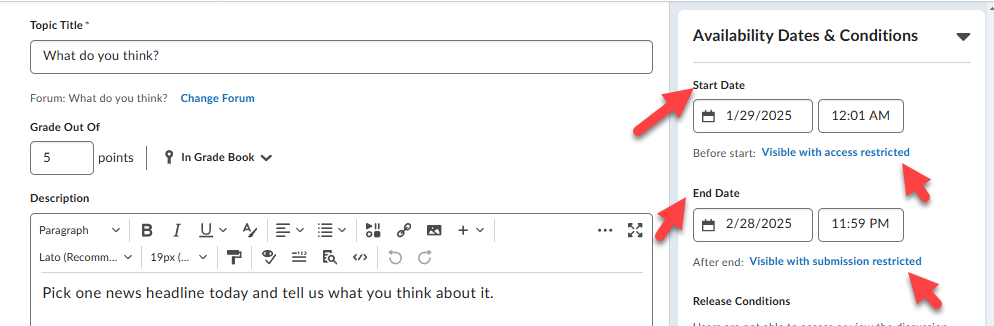 Screenshot showing interface for adding a start and end date to the discussion.