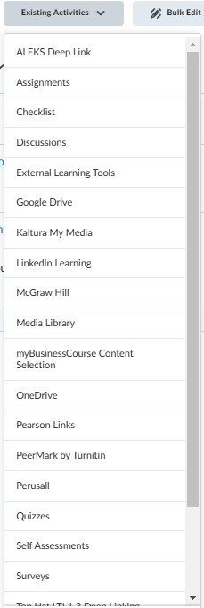 Screenshot of options for adding an Existing Activity.