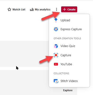 Screenshot of Create menu, with Capture identified.