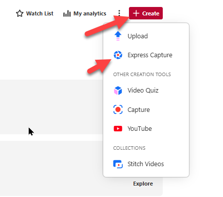 Screenshot of Kaltura Create menu, identifying the Express Capture option.