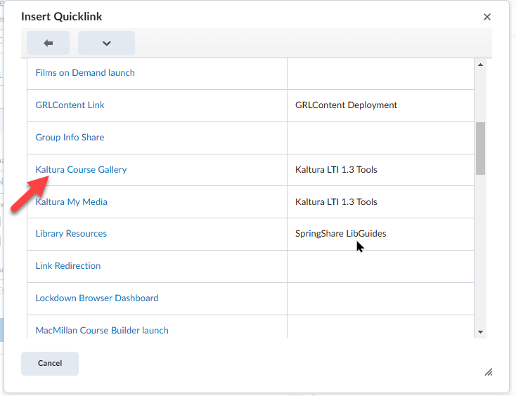 Screenshot depicting menu for sharing media in the course gallery, with "Kaltura Course Gallery" identified.