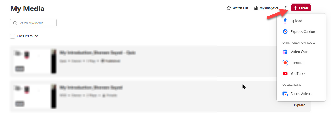 Screenshot for uploading an existing video from Kaltura.