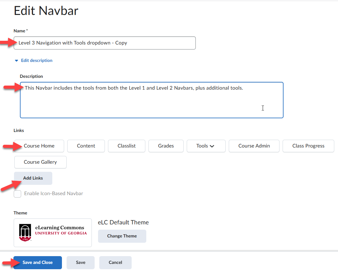 Screenshot of the Navbar editing interface.