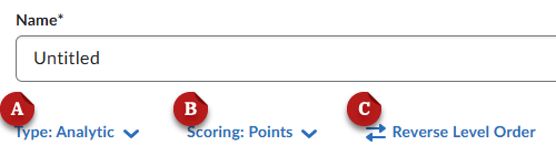 A screenshot of the rubric editor. The type option is labeled A. The Scoring option is labeled B. Reverse Level Order is labeled C.