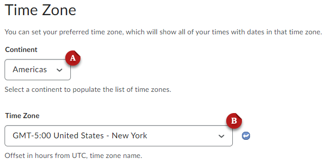 A screenshot of the "Time Zone" settings in eLC. The Continent and Time Zone drop-down menus are labeled A and B respectively.