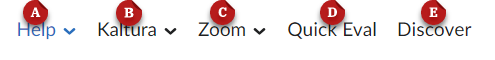 A screenshot of the dashboard navbar with Help, Kaltura, Zoom, Quick Eval, and Discover labeled with letters A through E respectively.