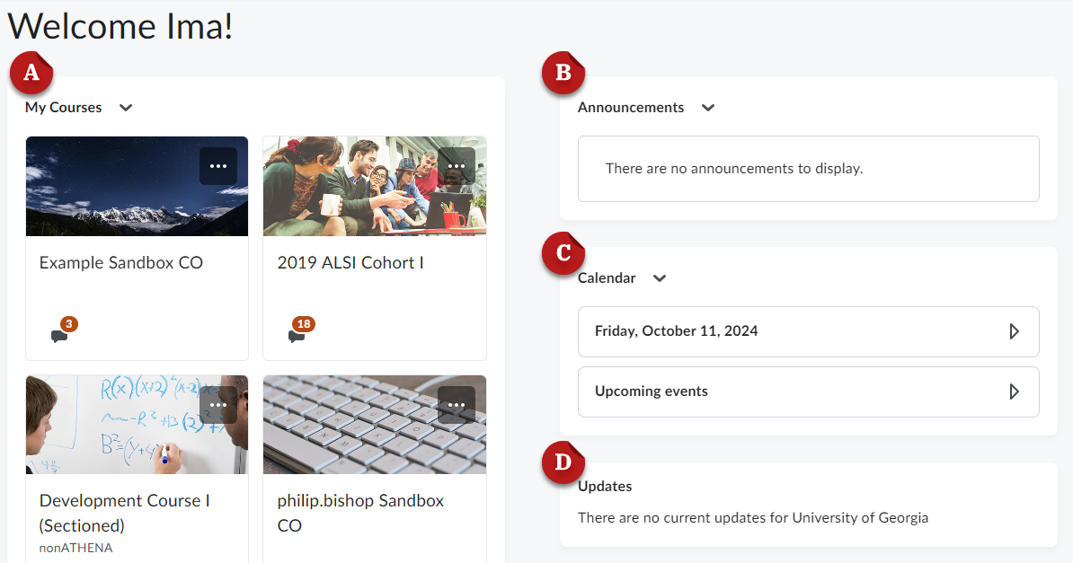 A screenshot of the dashboard showing the My Courses, Announcements, Calendar, and Updates widgets labeled with letters A through D respectively.