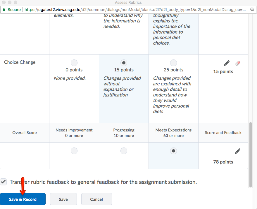 Using the rubric, evaluate the student. Select Save & Record.