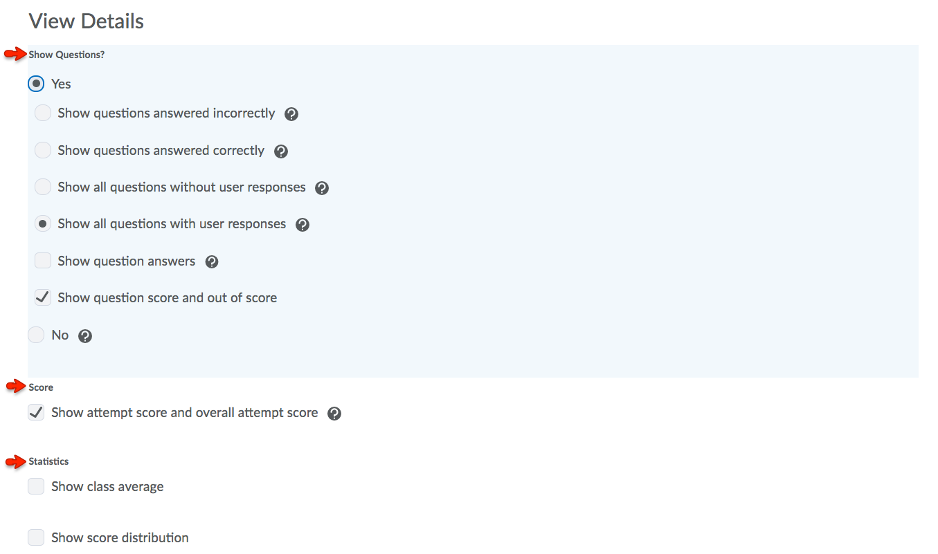 Edit Submitted Quiz Display Settings