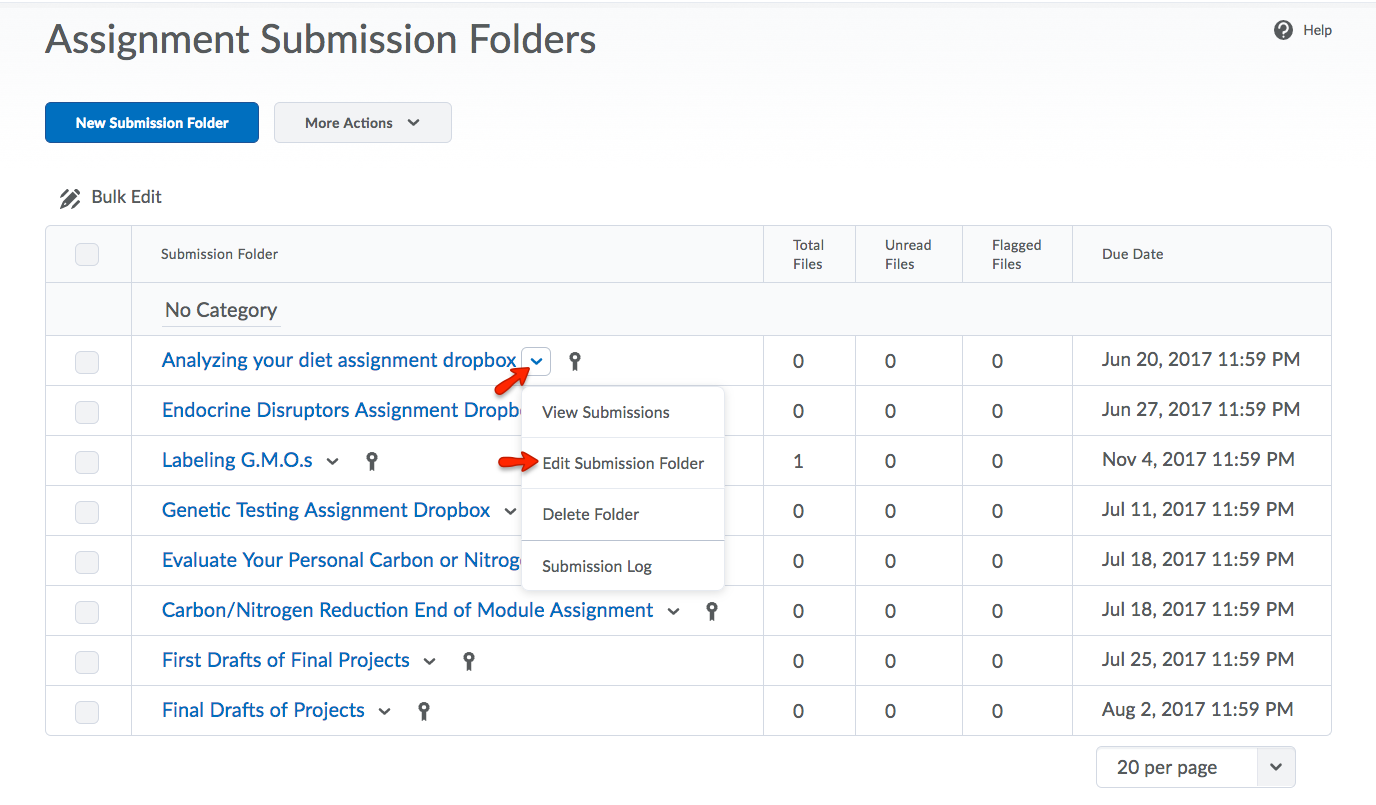 Navigate to the Assignment Submission Folder. Select Edit from its dropdown menu.
