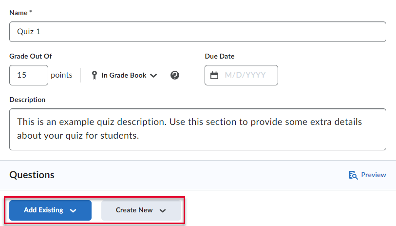 Screenshot of the quiz editor showing the buttons used to add new or existing questions.