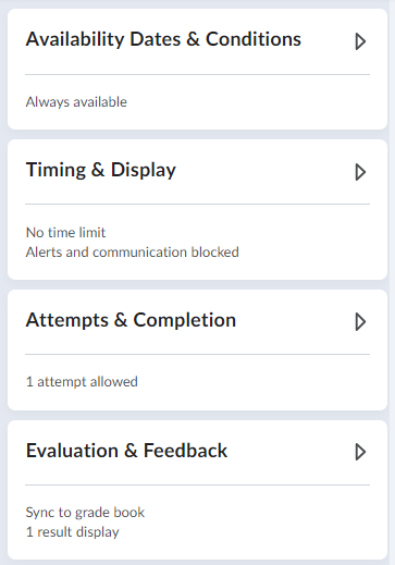 Screenshot of quiz restrictions and conditions