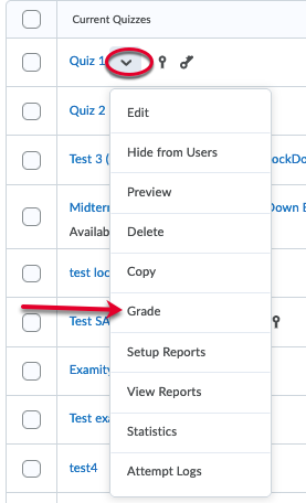 A screenshot of the chevron menu beside the quiz title. The Grade option is indicated with an arrow.