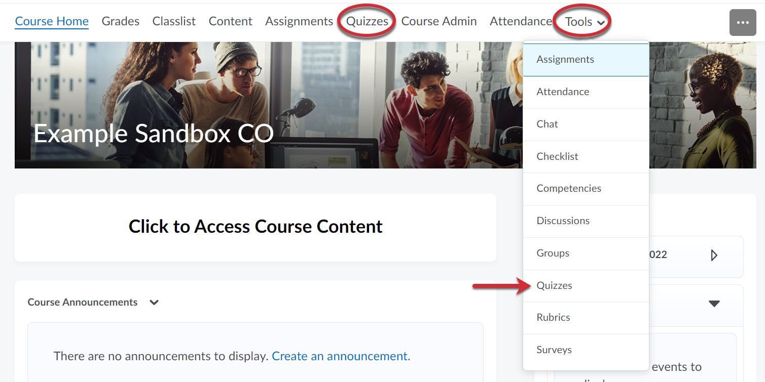 From the course navbar, select Quizzes.