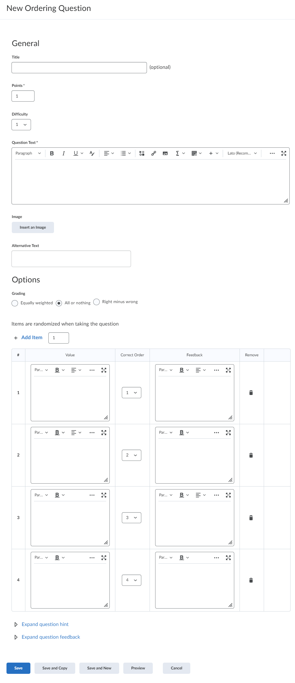 Screenshot of the Ordering question creation menu.