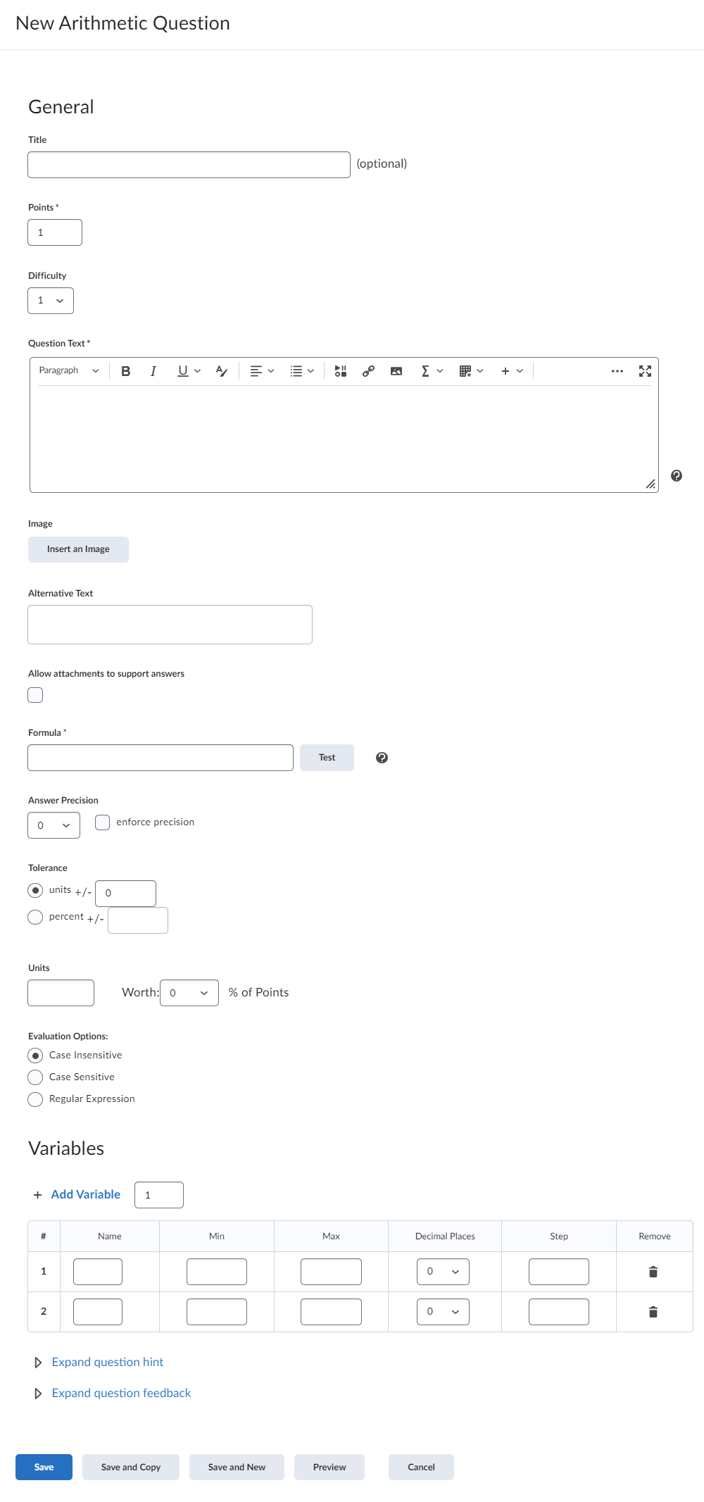 Screenshot of the Arithmetic question creation menu.