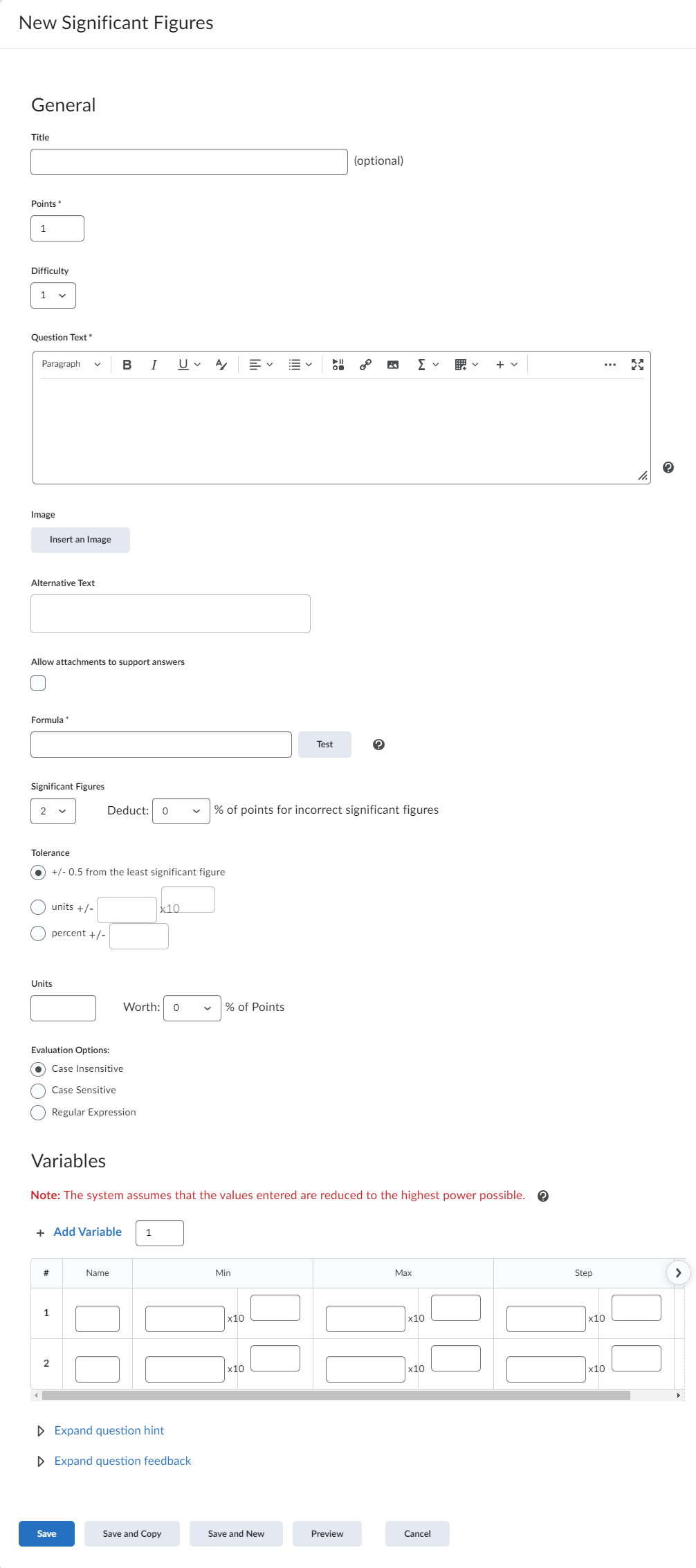 Screenshot of the Significant Figures question creation menu