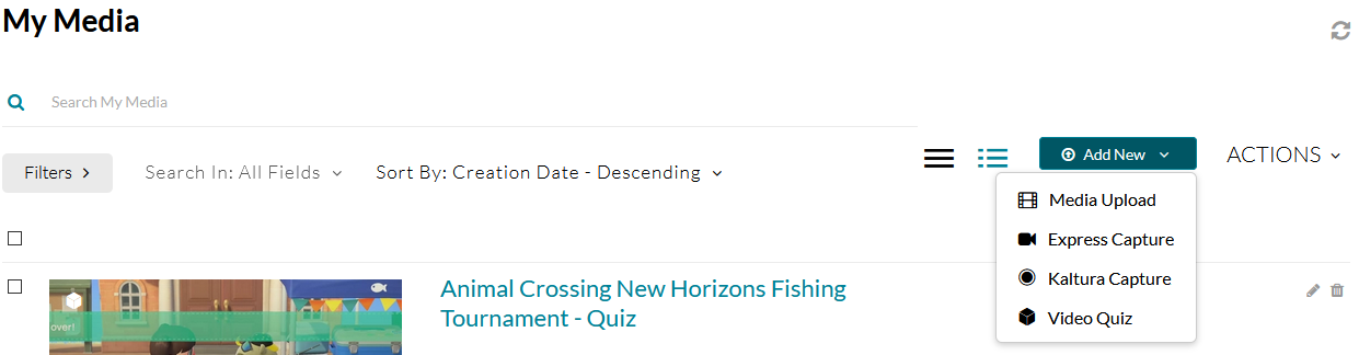 Selecting Video Quiz from the Add New menu on the My Media page