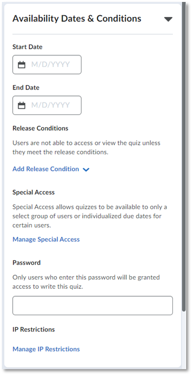 Availability Dates & Conditions dropdown menu