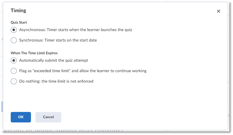 Timing options for quiz start and time limit expiration