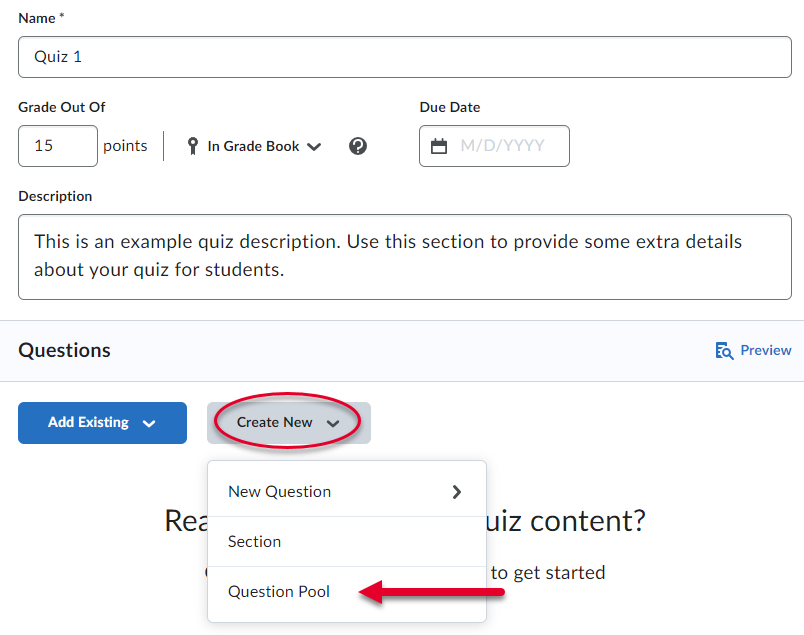 From the Quiz Editor, click Create New and Question Pool.