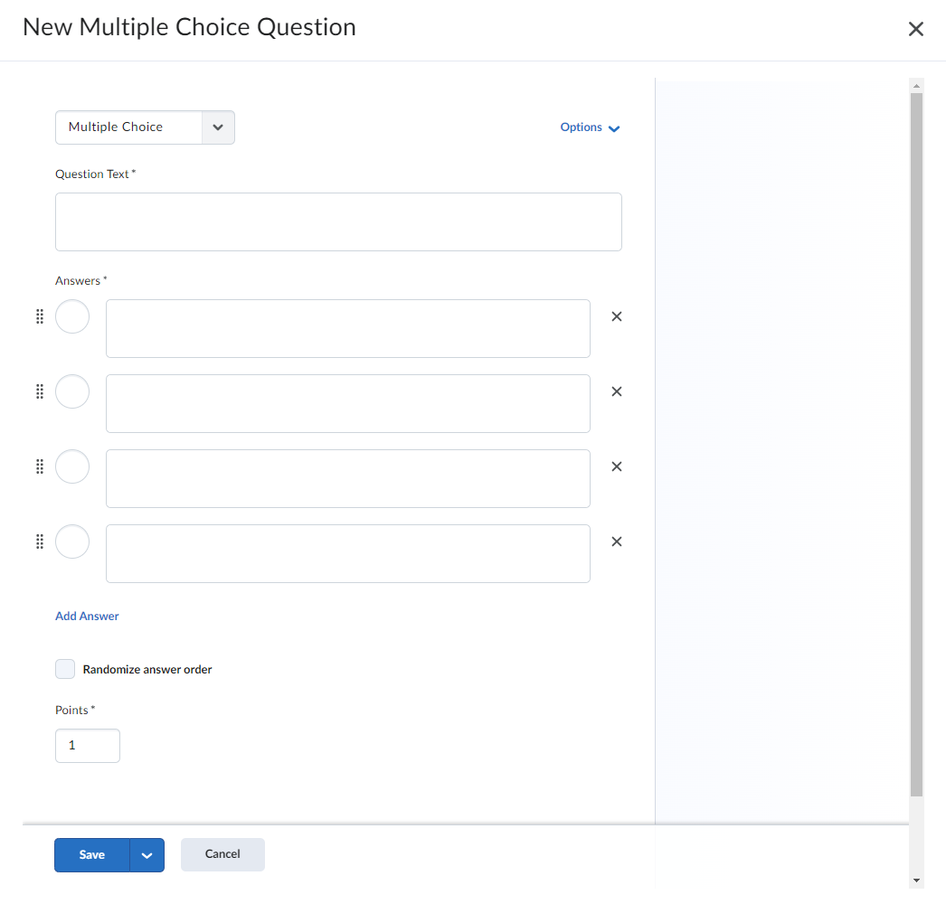 A screenshot of the Multiple Choice question creation menu