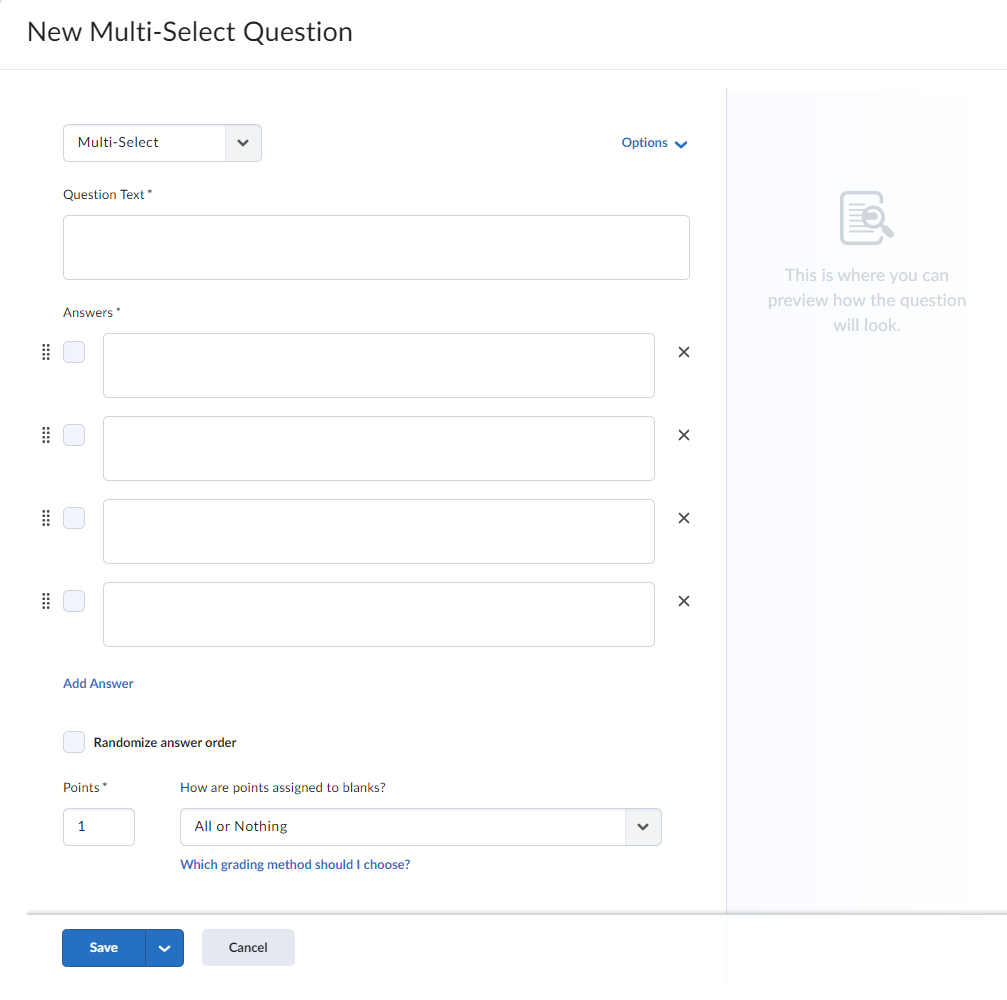 Screenshot of the Multi-Select question creation menu.