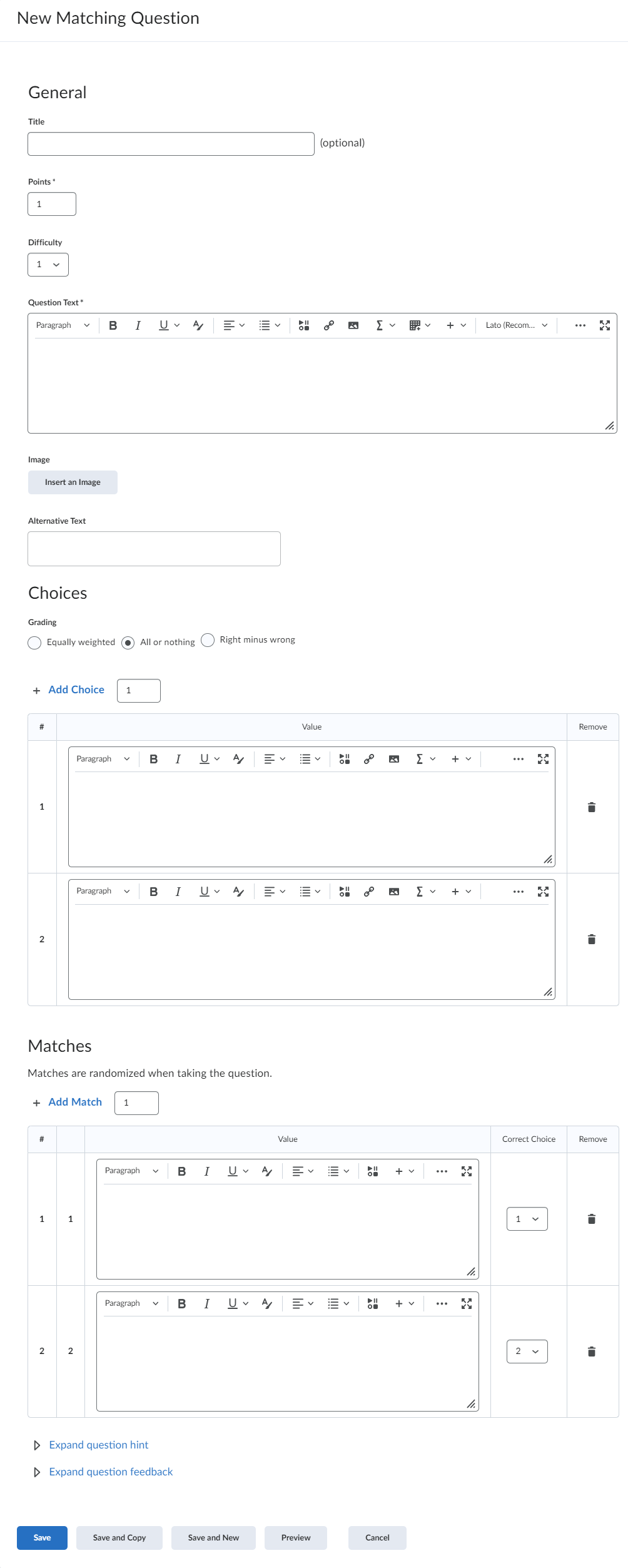 Screenshot of the Matching question creation menu.