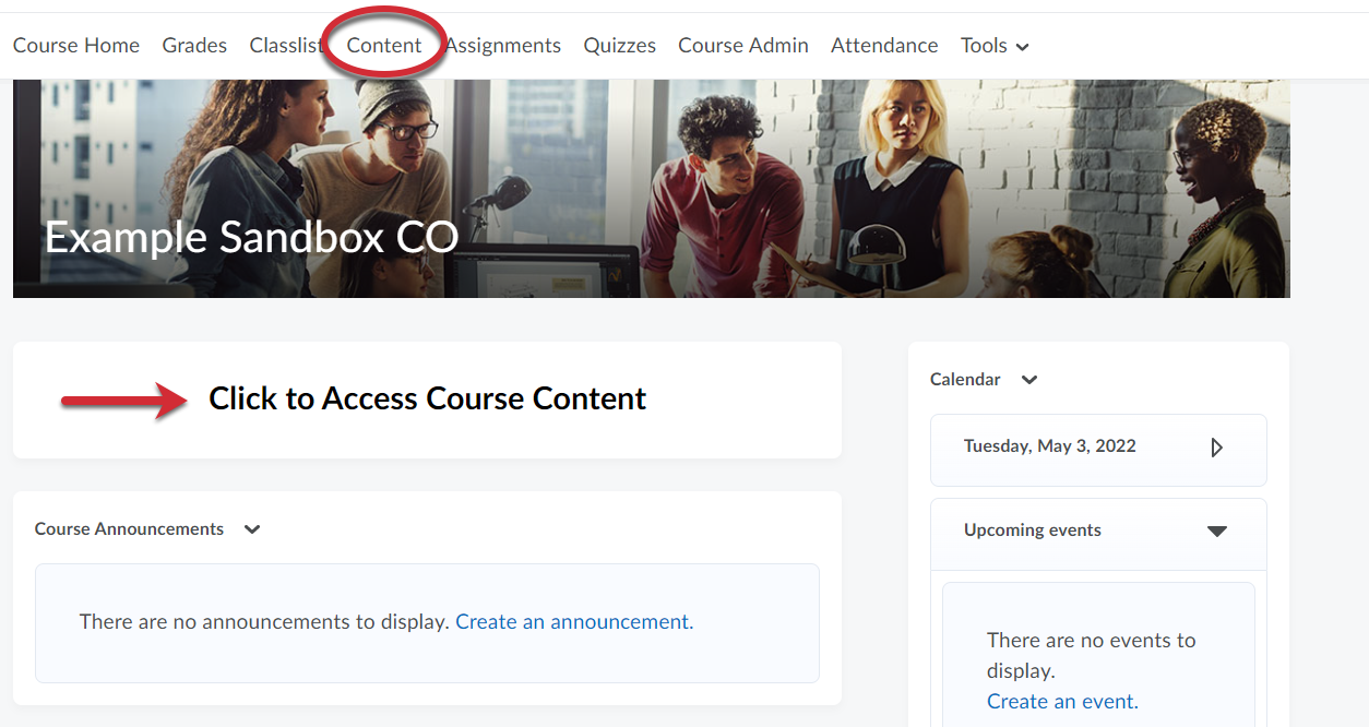 Select content from course homepage