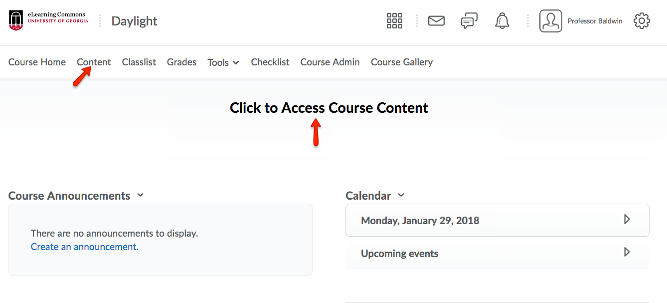 Select Content from the course navbar or click Click to Access Course Content.