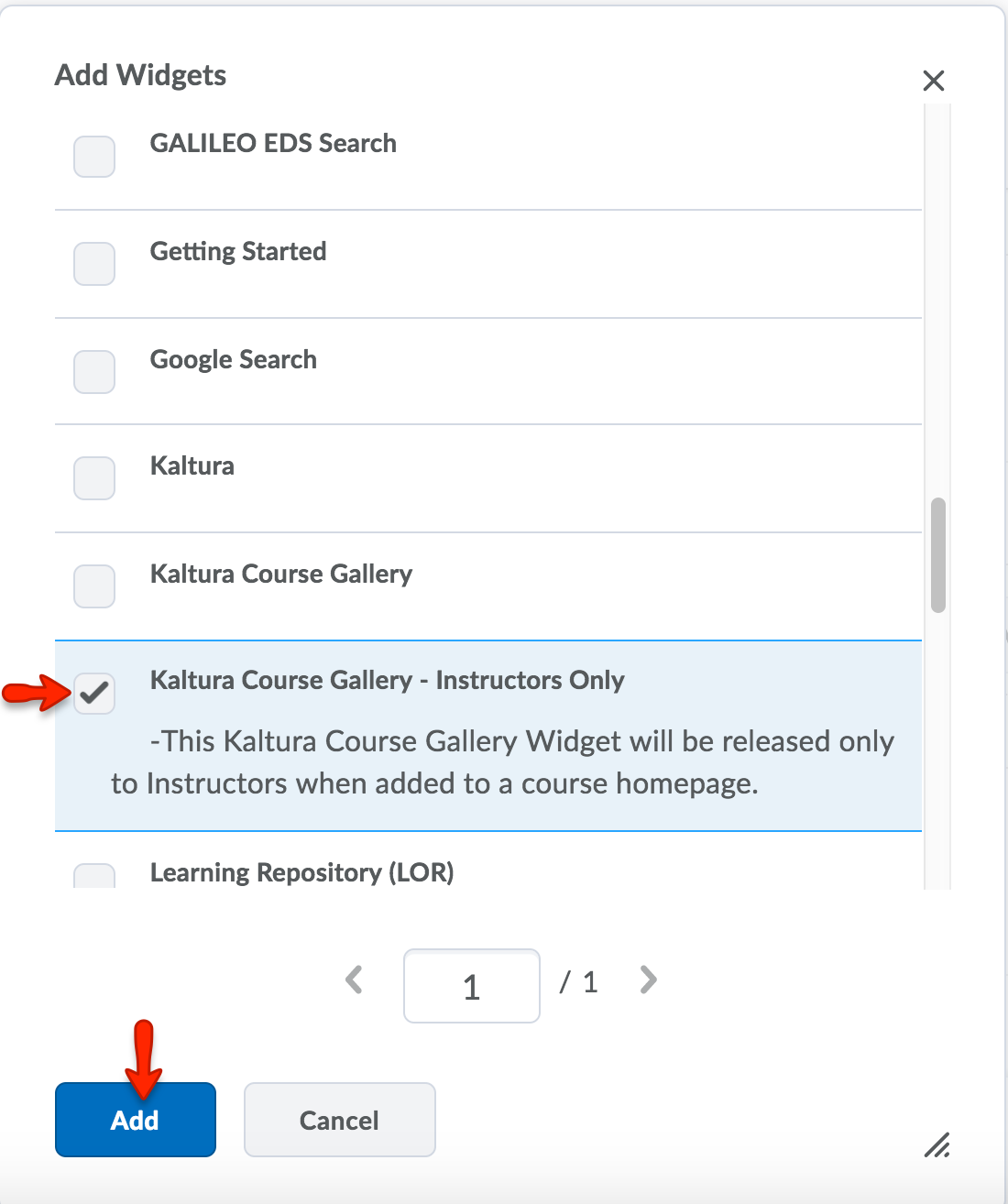 Select Kaltura Course Gallery - Instructors Only. Click Add.