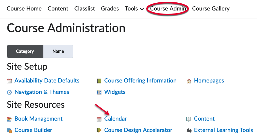 select Course Admin and Calendar