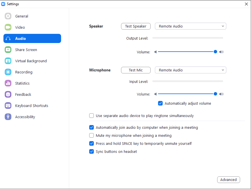 Audio settings in Zoom app