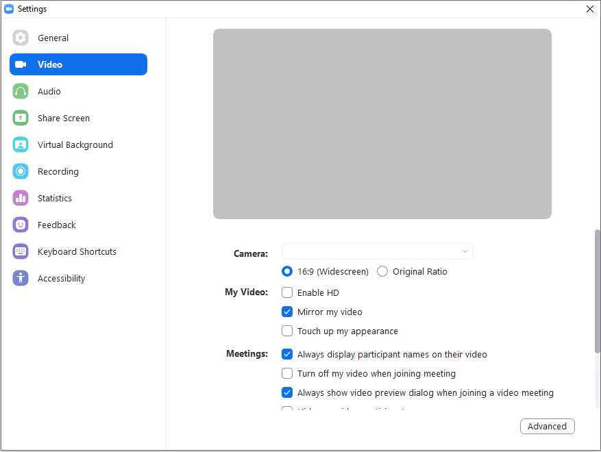 Video settings in Zoom app